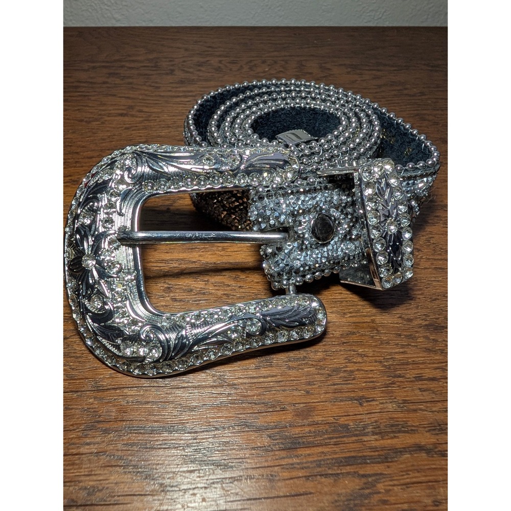 Rhinestone Western Belt Women Size S Silver‎ Black Leather Cowgirl Rodeo Glam
